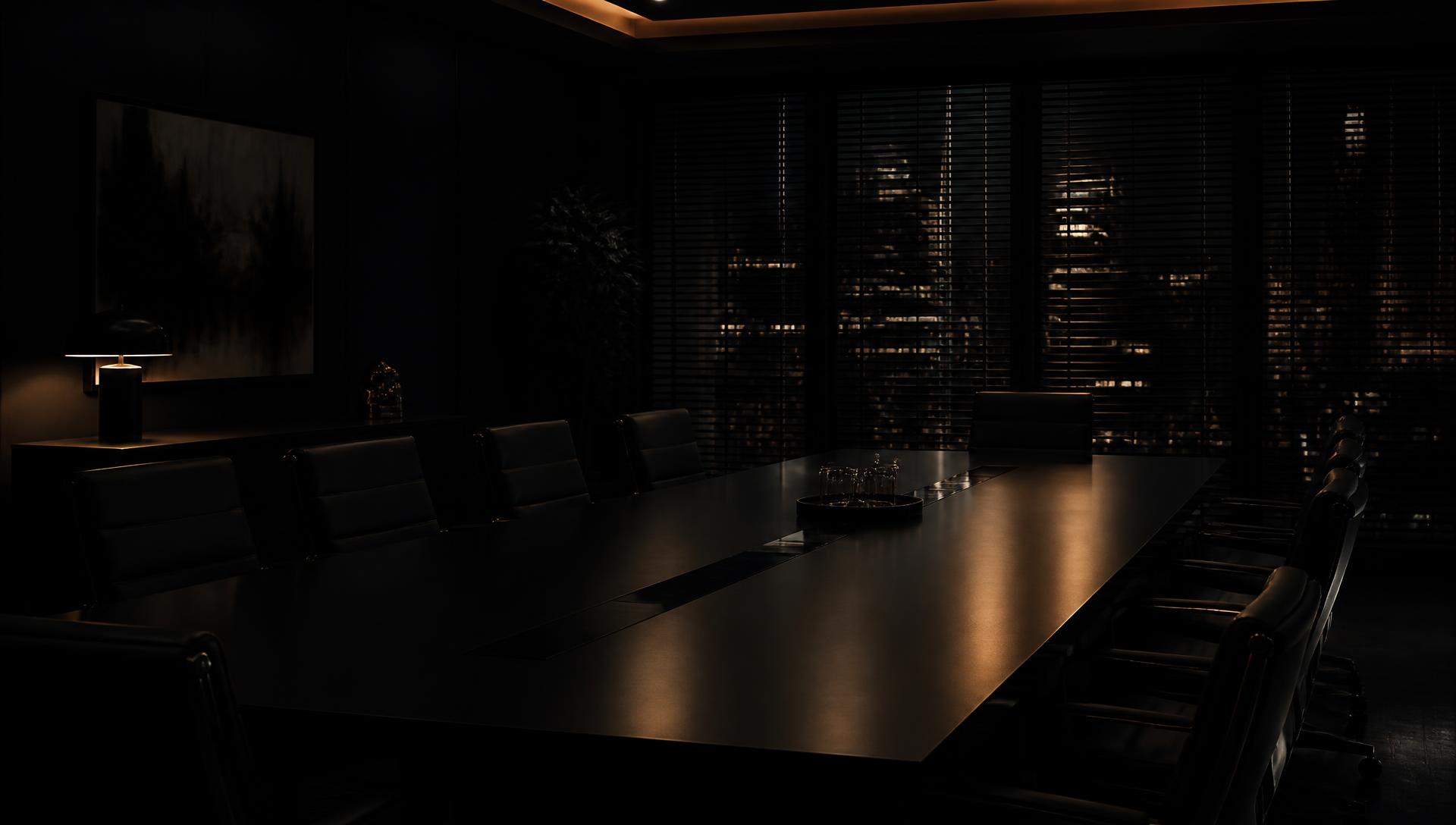 Sala de reuniões escura com mesa longa e luz âmbar ao fundo